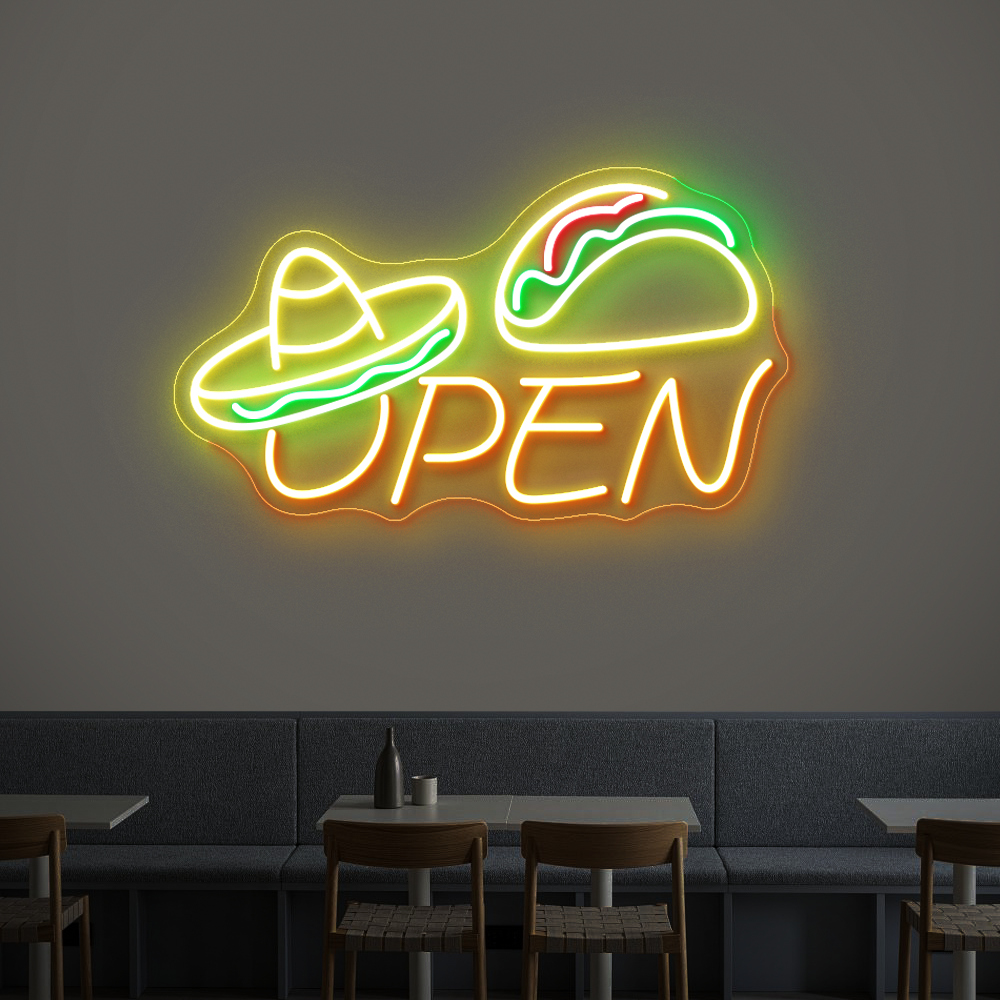 Mexican Burger Open Sign – LED Neon Light with Sombrero & Fiesta Vibes