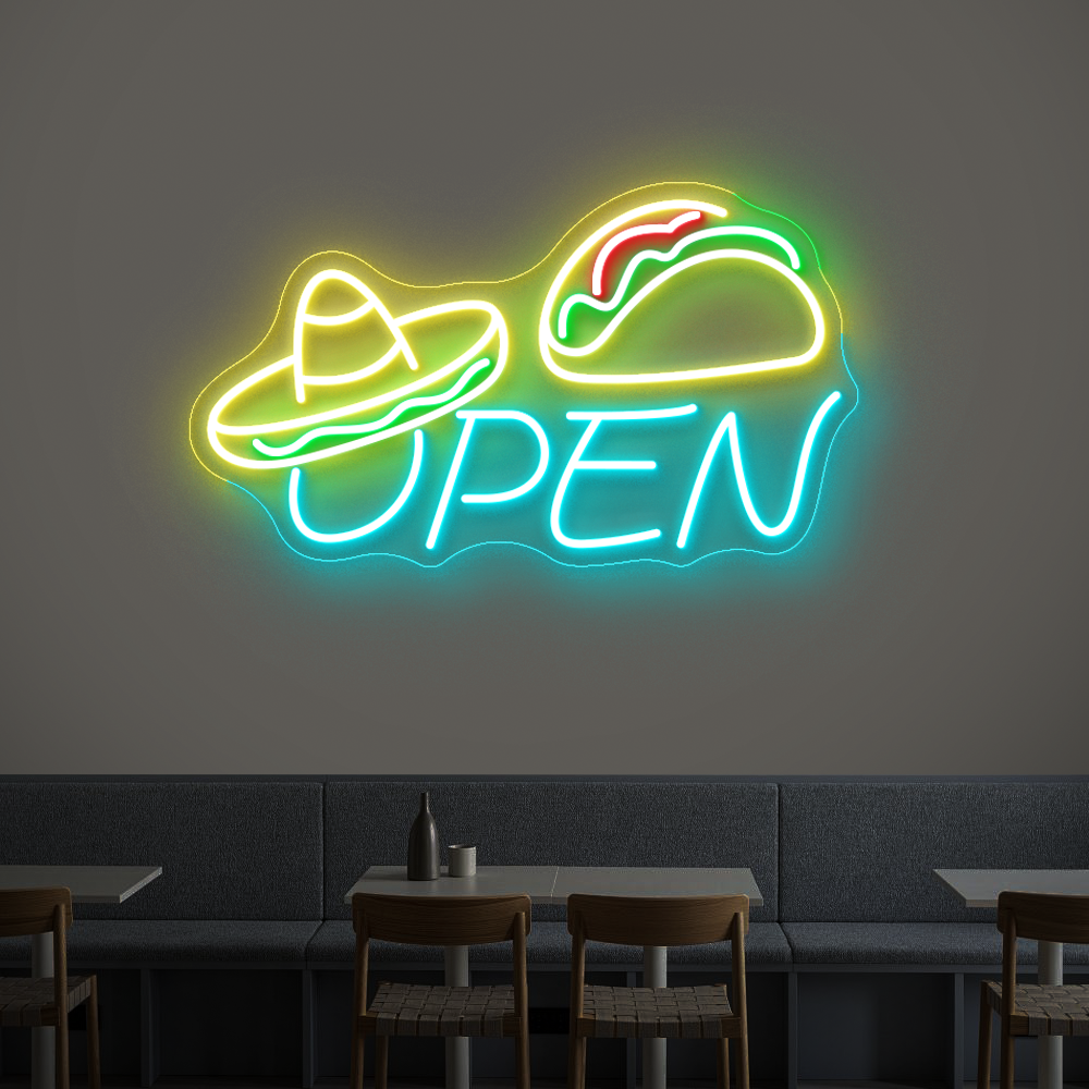Mexican Burger Open Sign – LED Neon Light with Sombrero & Fiesta Vibes