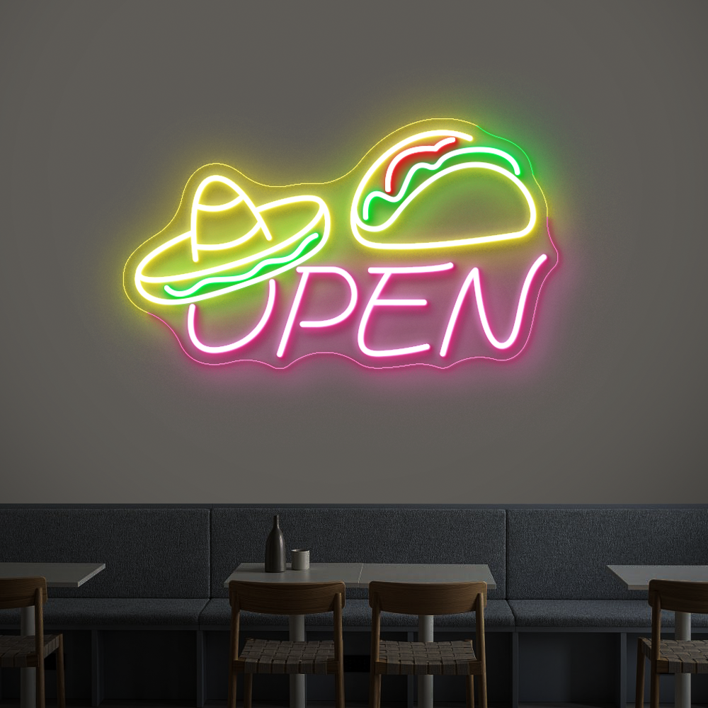 Mexican Burger Open Sign – LED Neon Light with Sombrero & Fiesta Vibes