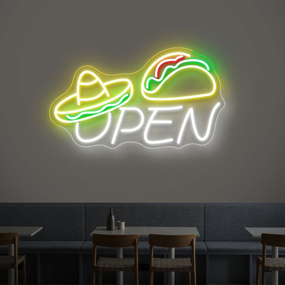 Mexican Burger Open Sign – LED Neon Light with Sombrero & Fiesta Vibes