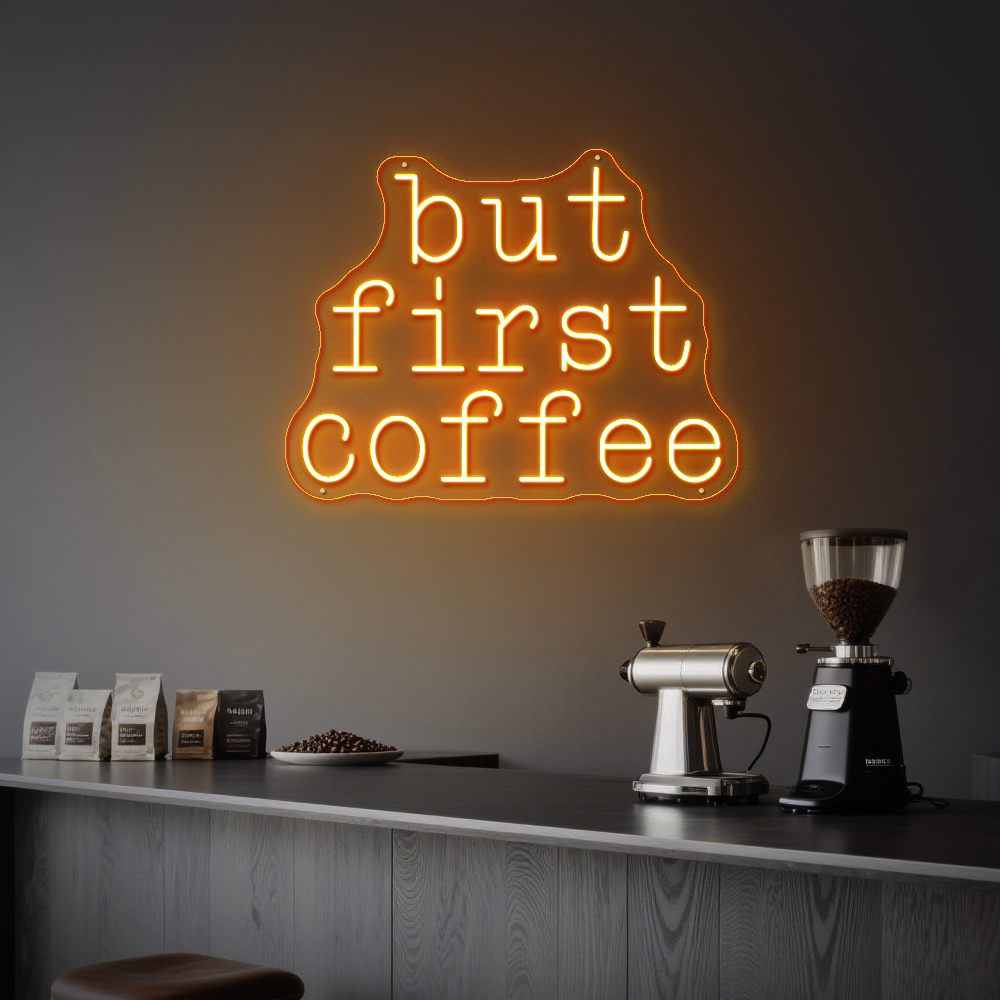 Bright “But First Coffee” Neon Light – Stylish Café Wall Decor