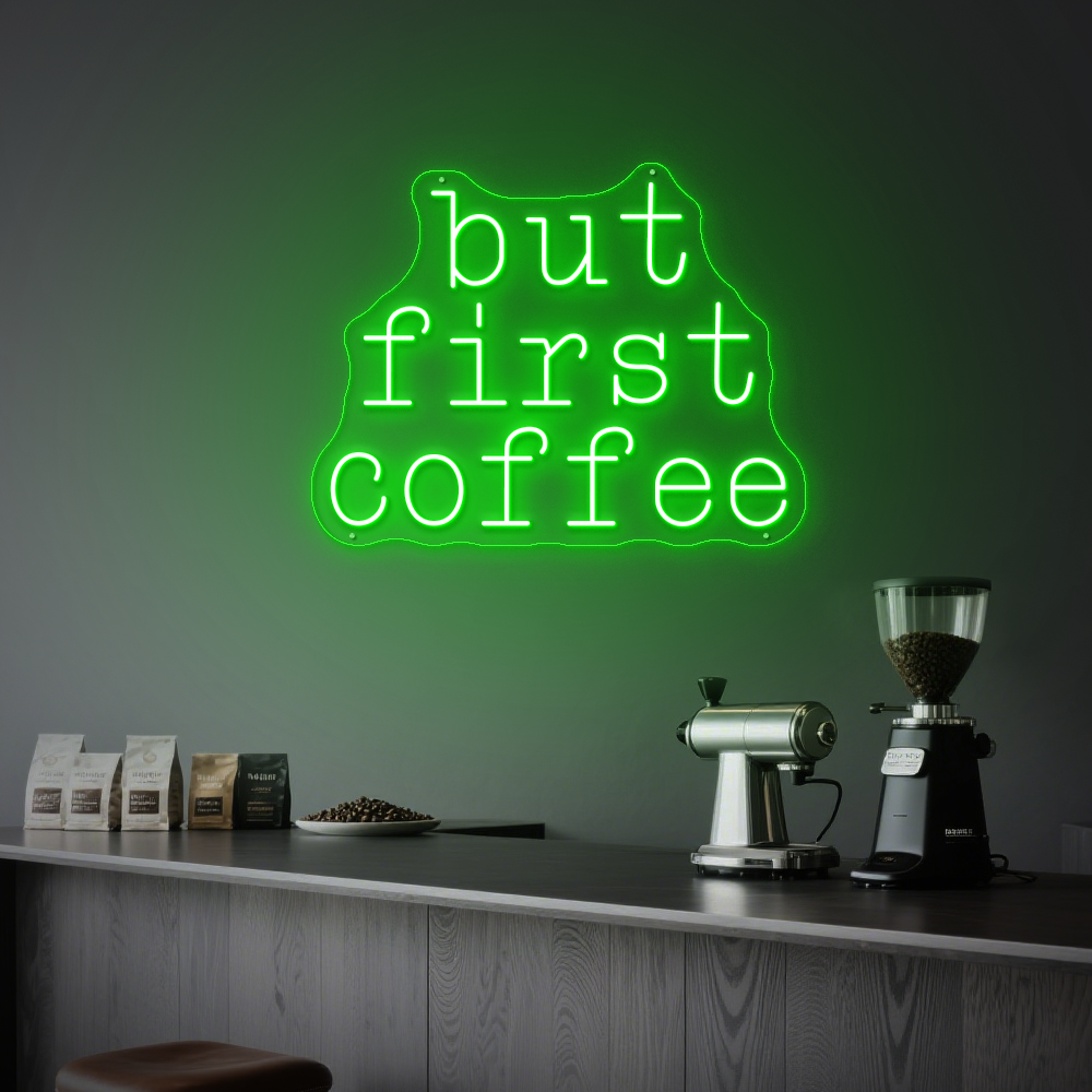 Bright “But First Coffee” Neon Light – Stylish Café Wall Decor