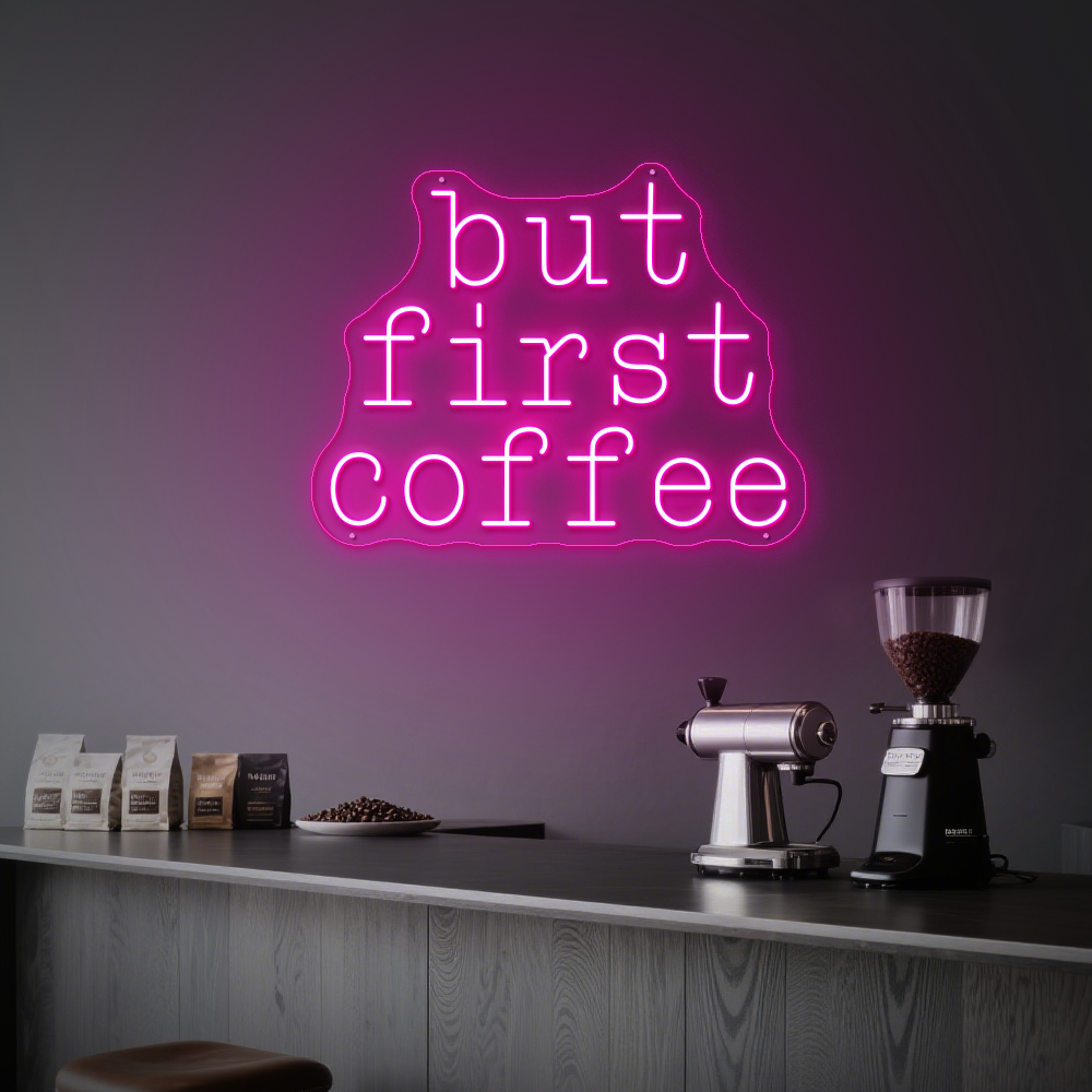 Bright “But First Coffee” Neon Light – Stylish Café Wall Decor