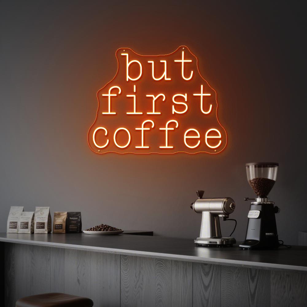 Bright “But First Coffee” Neon Light – Stylish Café Wall Decor