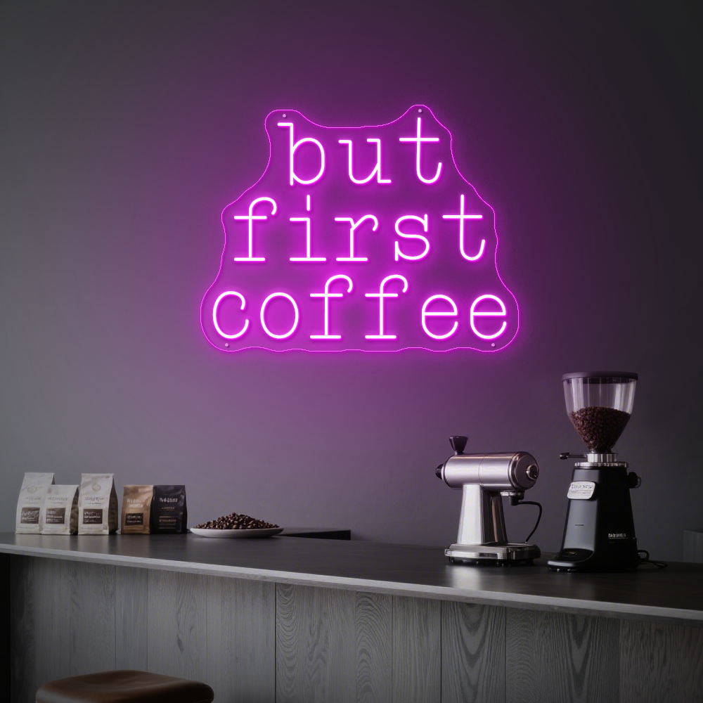 Bright “But First Coffee” Neon Light – Stylish Café Wall Decor