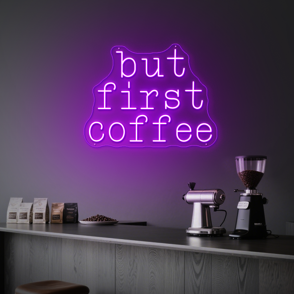 Bright “But First Coffee” Neon Light – Stylish Café Wall Decor