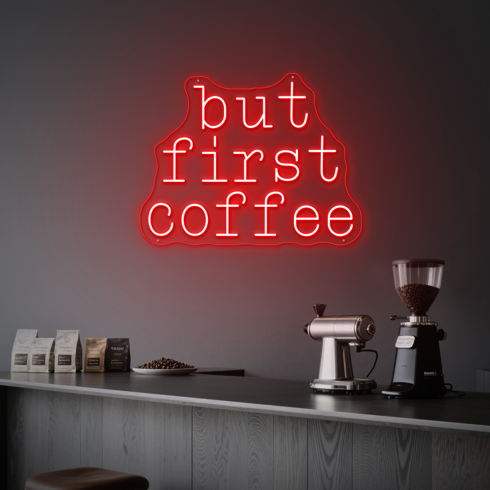 Bright “But First Coffee” Neon Light – Stylish Café Wall Decor