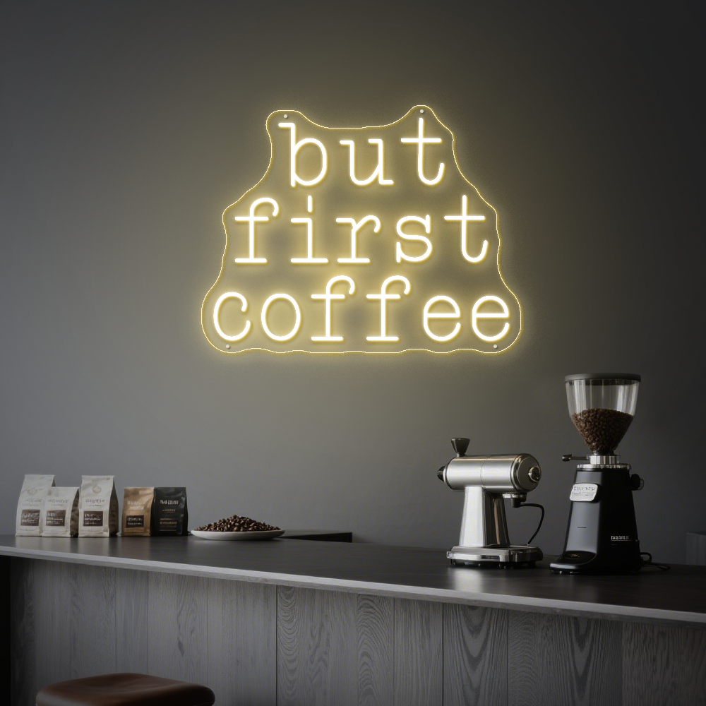 Bright “But First Coffee” Neon Light – Stylish Café Wall Decor