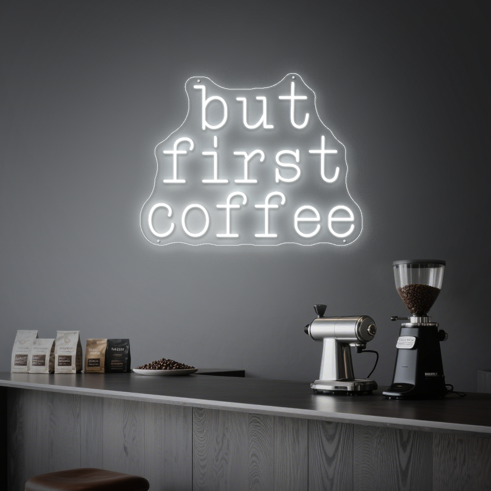 Bright “But First Coffee” Neon Light – Stylish Café Wall Decor