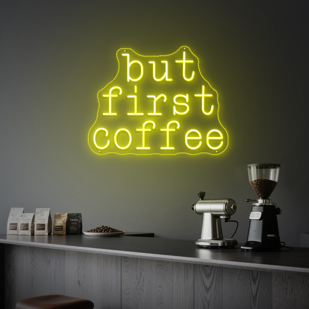Bright “But First Coffee” Neon Light – Stylish Café Wall Decor