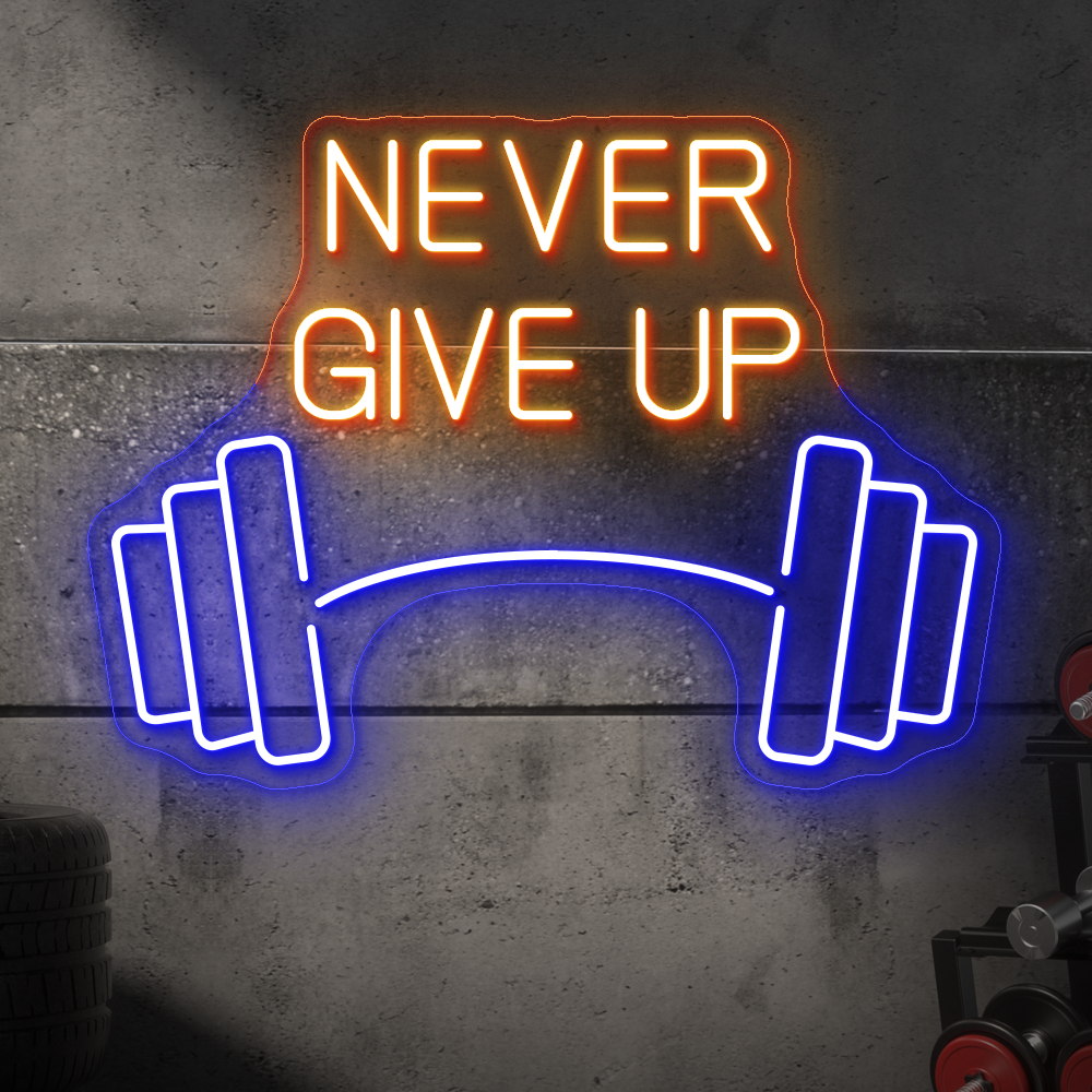 Never Give Up Barbell Neon Sign - LED Wall Art for Strength, Motivation & Gym Spaces