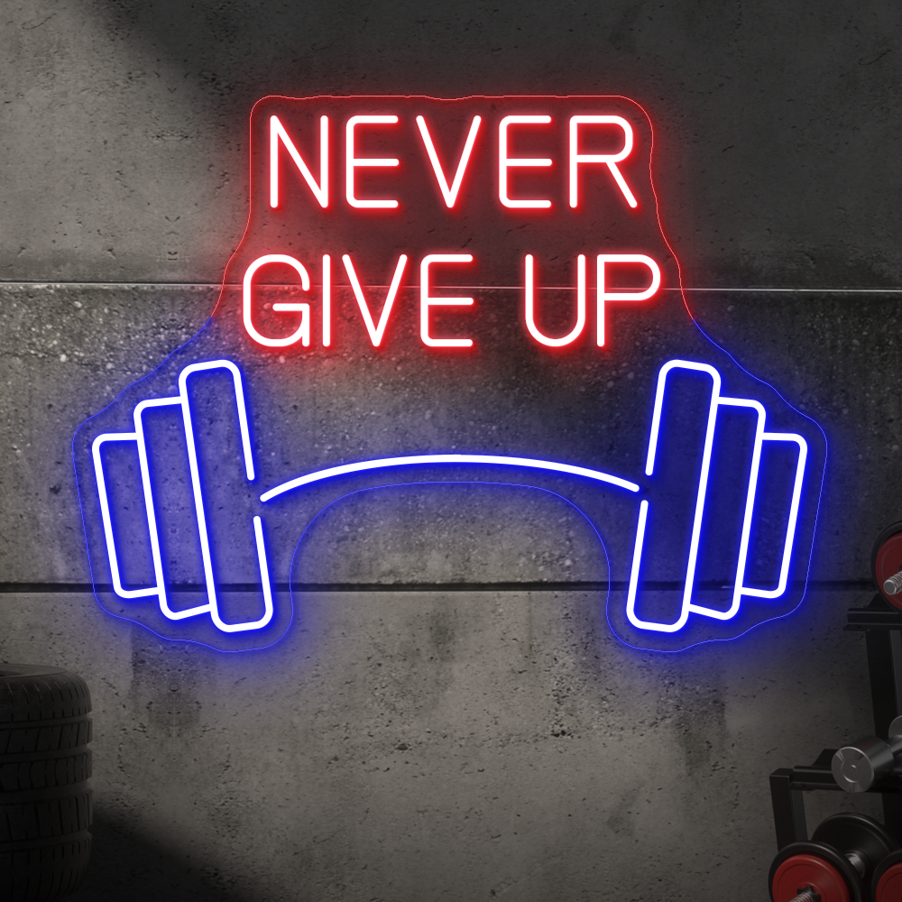 Never Give Up Barbell Neon Sign - LED Wall Art for Strength, Motivation & Gym Spaces