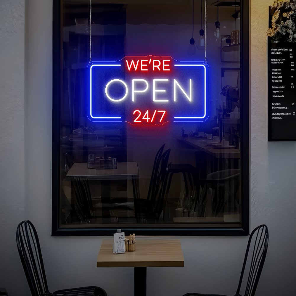 We’re Open 24/7 Neon Sign - Perfect for Shops, Bars & Cafes