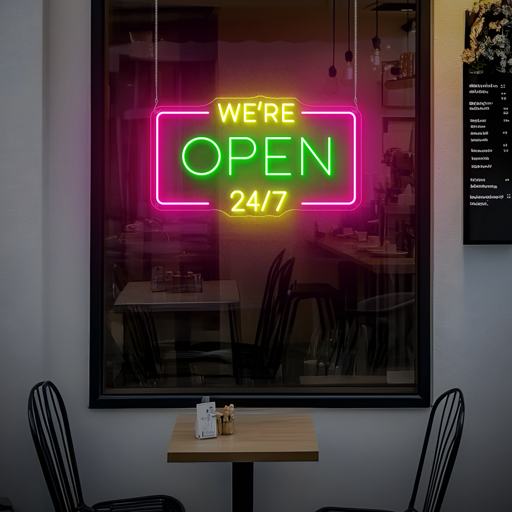 We’re Open 24/7 Neon Sign - Perfect for Shops, Bars & Cafes