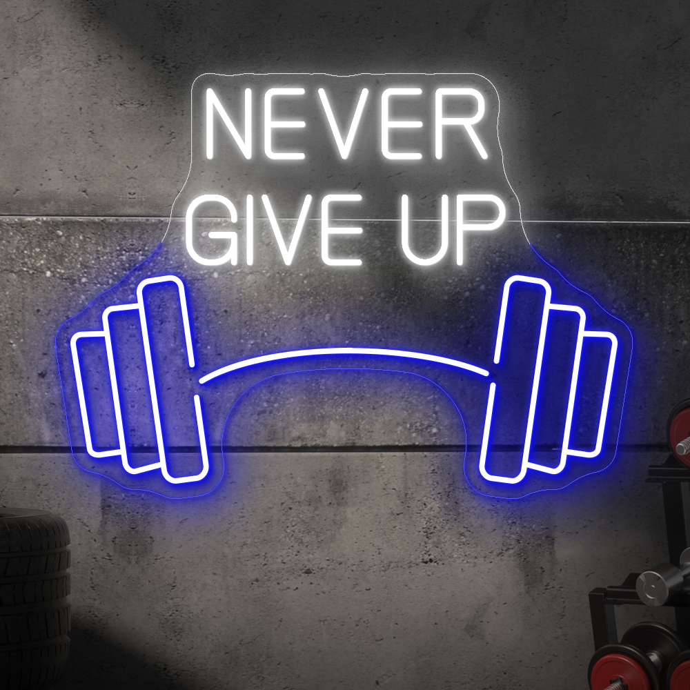 Geben Sie niemals Langhantel -Neonzeichen auf - LED -Wandkunst für Stärke, Motivation und Fitnessräume